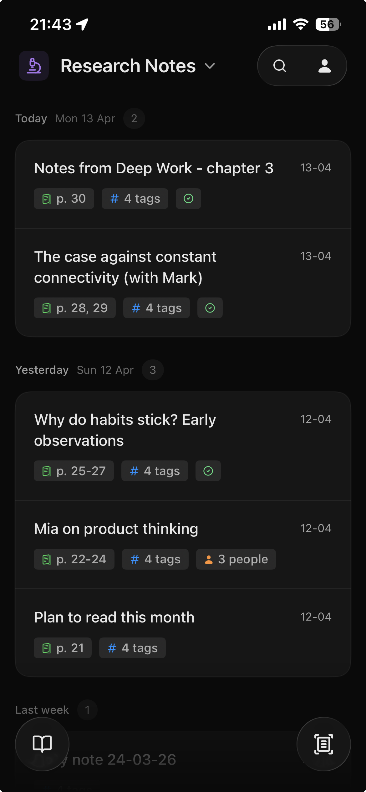 Slownotes app showing a list of digitised handwritten notes